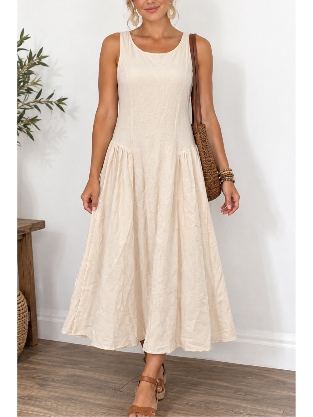 Japna sleeveless cream midi dress made from a breathable linen blend fabric